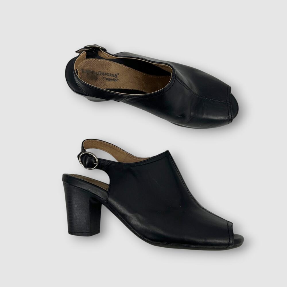 Earth Origins by Earth Black Leather Peep Toe Slingback Block Heel Size 8.5